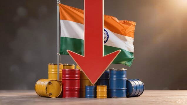 Oil barrels and coins with India flag and falling arrow, oil price drop, market