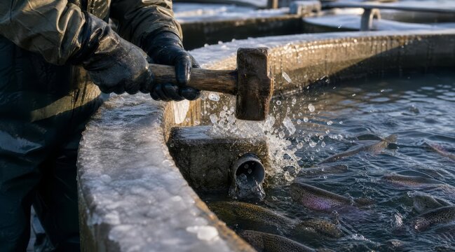 Worker breaking ice on aquaculture tank
