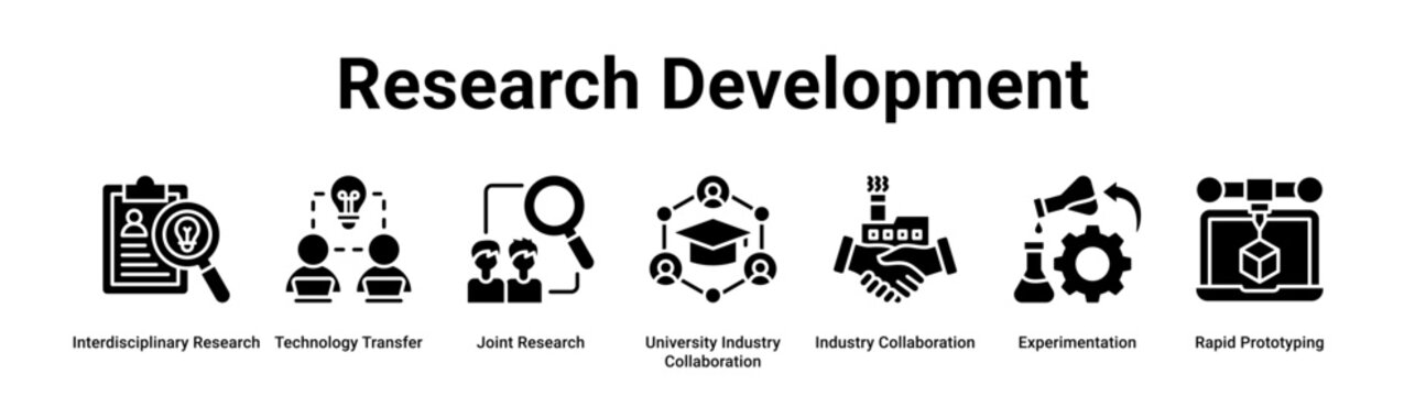 Research Development web banner icon vector illustration concept for business with icon of Interdisciplinary Research, Technology Transfer, Joint Research, University Industry Collaboration, Industry.