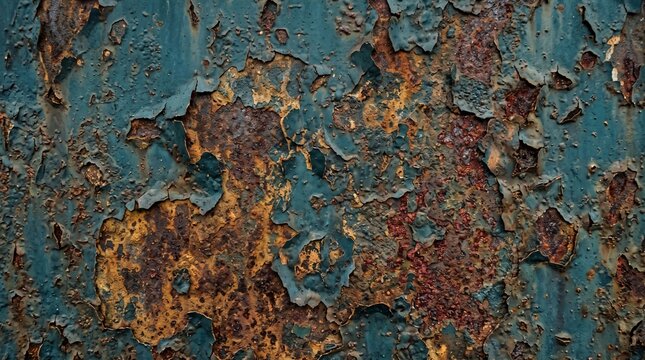 Weathered rusty metal surface featuring peeling teal paint and intricate textured corrosive decay details