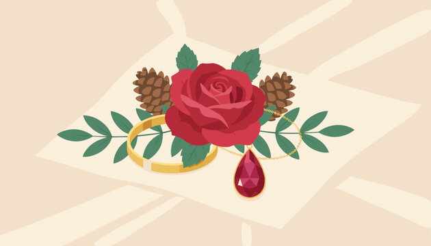 Romantic wedding accessories including a fresh red rose pine cones golden ring and ruby necklace resting on a textured parchment.