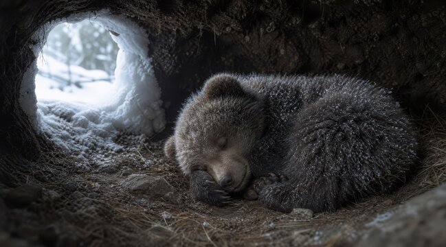 Hibernating brown bear cub in snow den