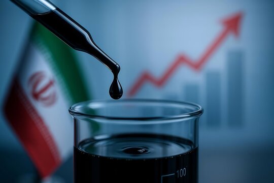 Crude oil drop in beaker with Iran flag and rising arrow, oil price, energy
