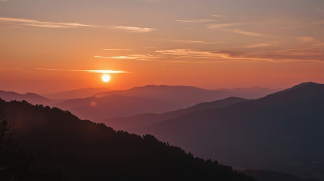 Golden sunset peaceful mountain valley layered mountain ridge high fidelity