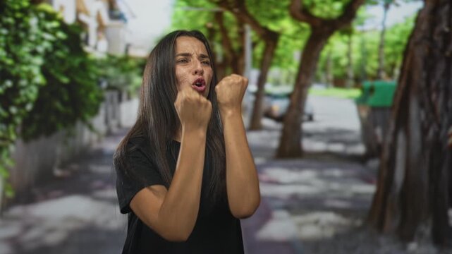 Woman clenches fists on street, eyes shut and mouth tensed while shouting and crying in an urban sidewalk scene; frustration.