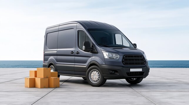 Dark gray delivery van parked on concrete pier platform next to stacked cardboard boxes with calm ocean in background represents local courier shipping and delivery service concept