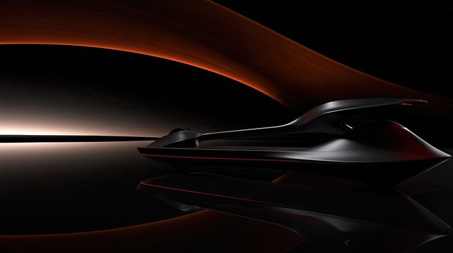 Sleek futuristic concept black hypercar with glowing red accent lines on reflective dark glossy background showcases futuristic automotive design and future mobility concept