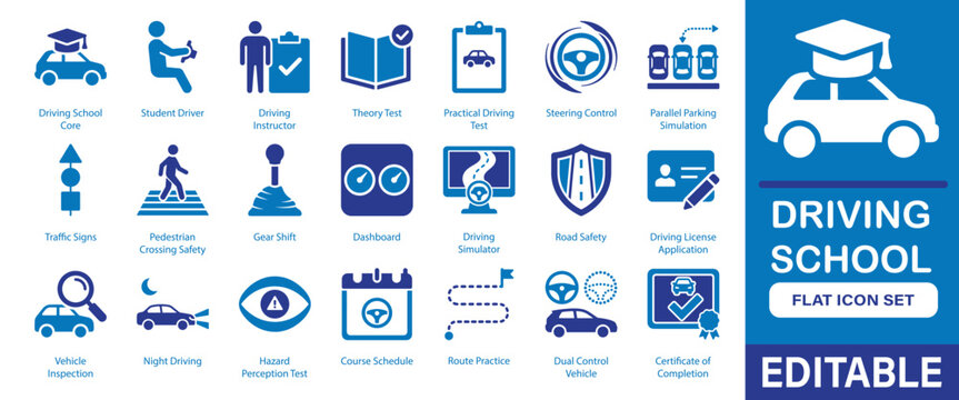 Driving School and Driver Training Icon Set, 21 Road Safety Vector Symbols