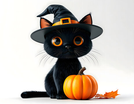 A whimsical black cat, adorned with a witch's hat and possessing large, expressive orange eyes, sits beside a plump pumpkin, exuding a festive Halloween spirit.