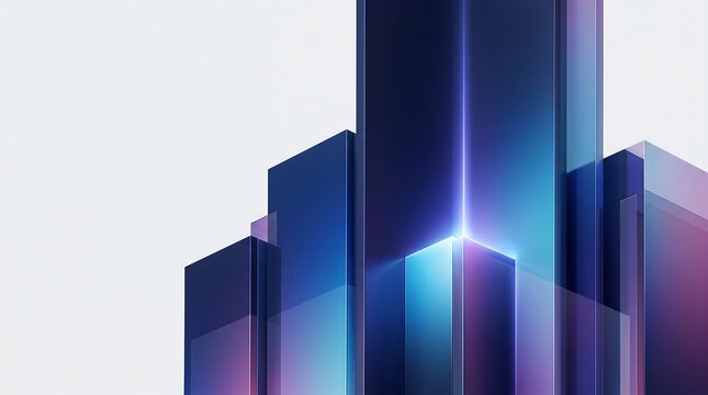 Abstract geometric glass pillars with glowing blue and purple light edges
