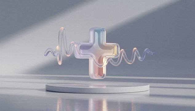Glowing medical cross with pulse waveform on pedestal, symbolizing digital health, connected care, remote consultation, and future medical innovation.