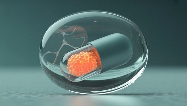 Transparent capsule in a clear orb symbolizing cancer treatment, drug delivery, and modern oncology medicine.