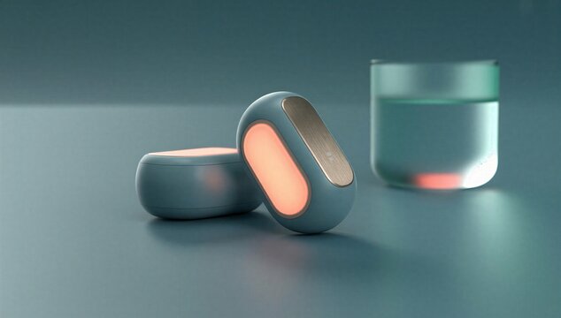 Futuristic smart fitness device and wearable tracker with glowing sensor pod on a clean studio surface, symbolizing health monitoring, workout data, and connected wellness technology.