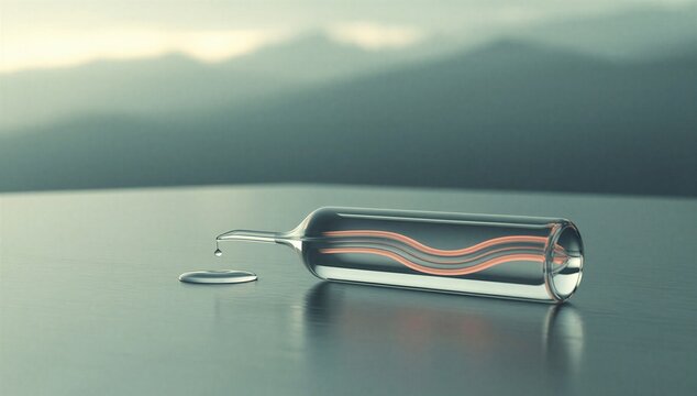 Glass vial with dna strand on reflective surface, symbolizing genetic testing, genome analysis, and medical diagnosis.