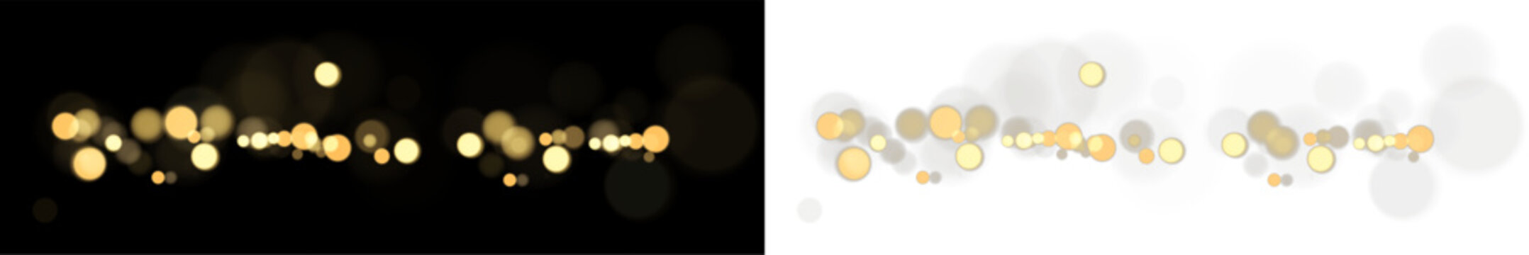 Golden bokeh light effect vector banner. Glowing golden circles border. Festive holiday glitter sparkle design element for celebrations