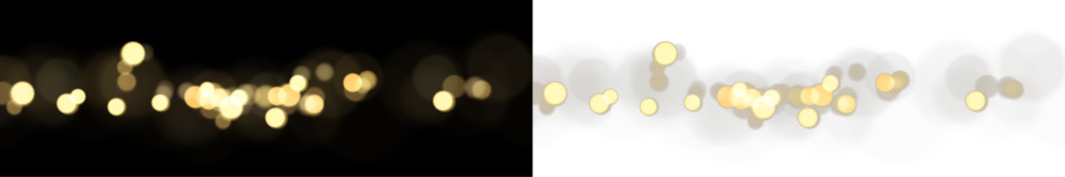 Glowing golden bokeh lights vector illustration. Shimmering blurred particle border. Festive shiny circle light effect for celebration banner