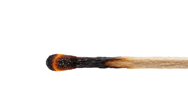 Burnt matchstick with glowing orange tip, isolated on transparent background