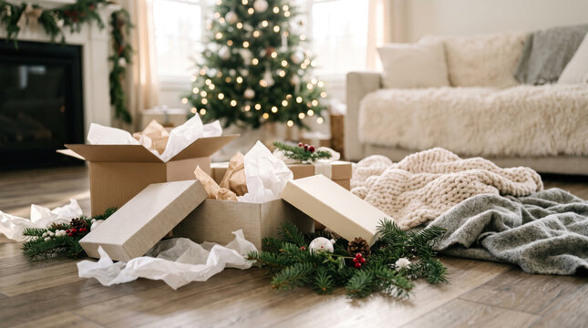Christmas gift box beside decorated tree creates warm festive living room scene with evergreen garland, blanket and wrapped present.
