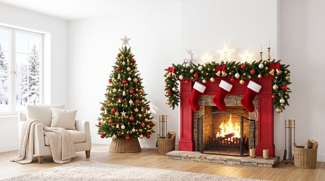 cozy living room with decorated christmas tree and red fireplace with stockings and warm fire