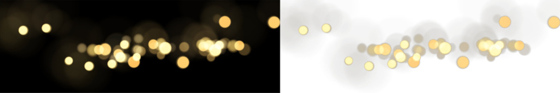 Golden bokeh lights vector overlay. Glowing round particle effects banner for holiday party, celebration and luxury festive design