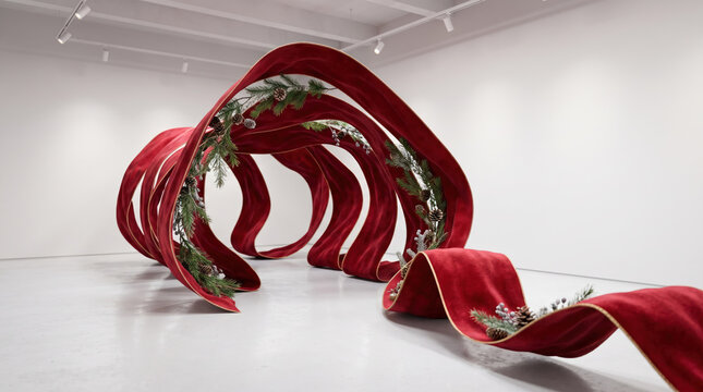 Christmas red velvet ribbon with evergreen decoration curling across bright white gallery floor, creating festive movement and holiday elegance.