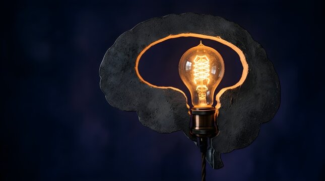 Illuminated Brain Silhouette with Vintage Edison Lightbulb Symbolizing Innovation and Creative Idea Generation for Business Concepts