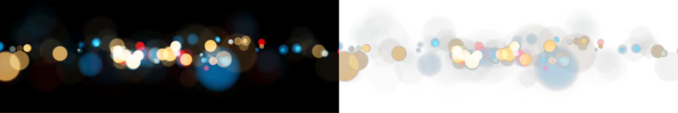 Colorful bokeh light effect vector banner. Defocused glowing circular lights on dark and white background. Festive horizontal overlay