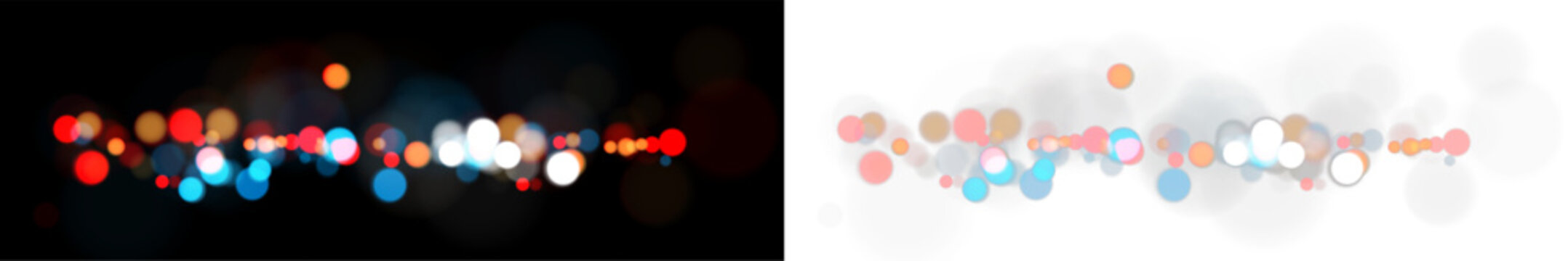 Vector bokeh light effect with red and blue glowing circles. Abstract horizontal blurred night lights border for party banner or celebration