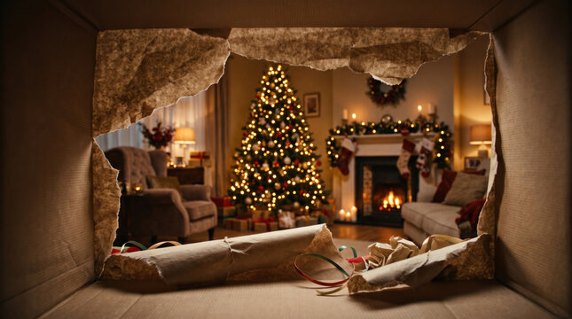 Christmas tree cozy living room fireplace gift box warm light creates festive Christmas scene viewed through torn wrapping paper.