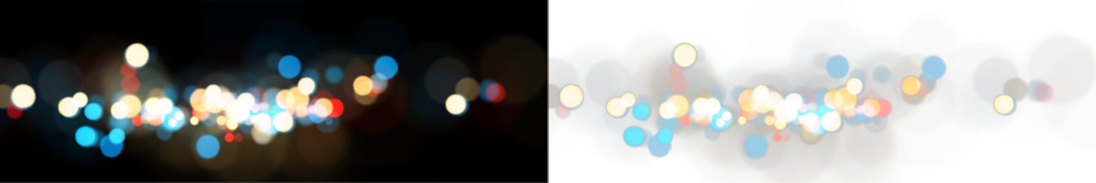 Bokeh light circles vector banner. Abstract glowing blur dots background set on black and white. Festive illumination decorative element