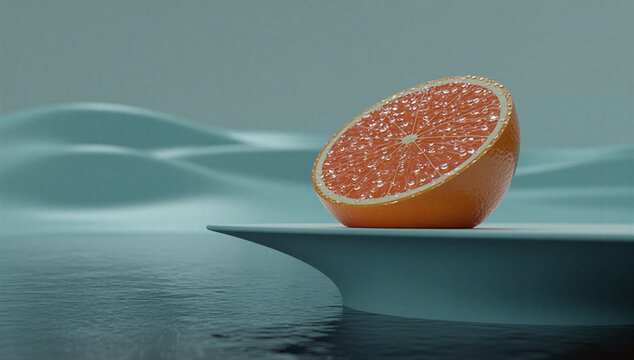 Fresh halved citrus fruit with red flesh on a reflective surface, symbolizing freshness, health, and natural food.