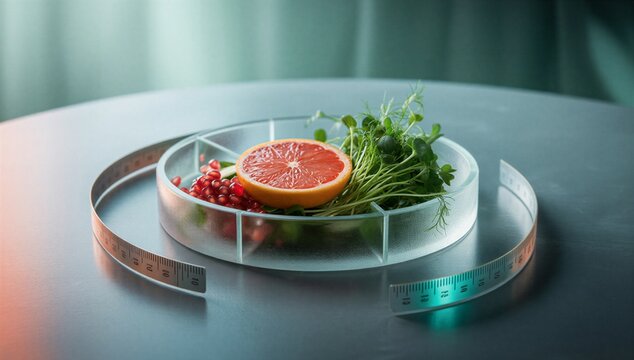Healthy food on a glass plate with grapefruit, salad and berry, suggesting a diet plan, portion control and balanced nutrition.