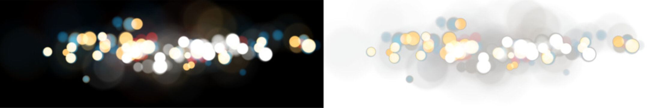 Glowing bokeh lights vector effect overlay. Horizontal abstract blurred circle light banner design for festive party and holiday decor