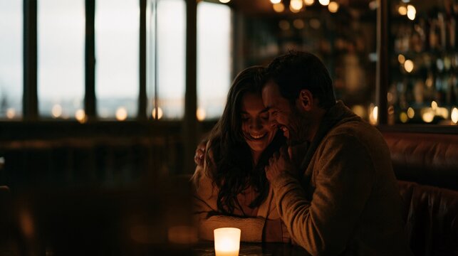 Rule-of-thirds composition of a couple laughing quietly at a small candlelit table in a cozy