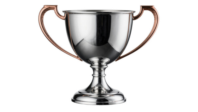 Polished silver trophy cup with copper handles, isolated on transparent background