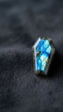 Close up hexagonal labradorite crystal gemstone photography dark background