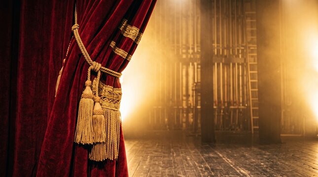 empty theater stage with red velvet curtain tied back, warm lighting and wooden floor creating dramatic atmosphere