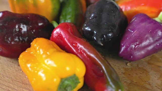 Multicolored Peppers Variety Rotating On Tabletop.