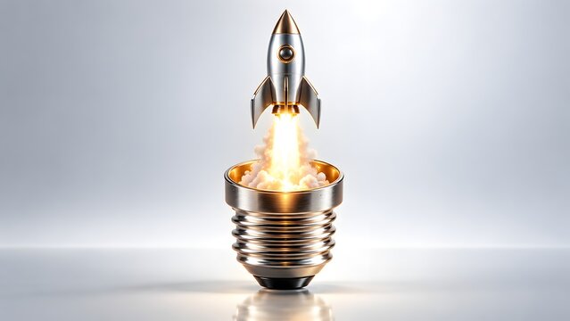 Metallic space rocket launching from a glowing lightbulb base on a clean white background representing successful execution of a bright business idea