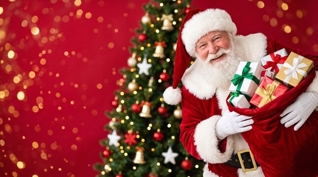 christmas santa claus holding sack of gifts near decorated tree with red and golden lights background