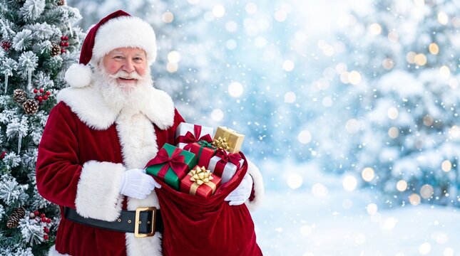 smiling santa claus holding sack and gifts in snowy winter forest during christmas celebration