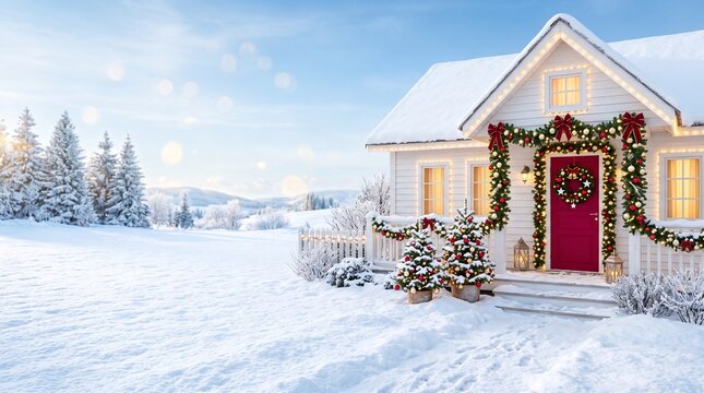 christmas decorated house with wreath and lights in snowy winter landscape at sunrise