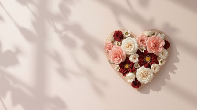 Valentine heart floral arrangement with roses and soft shadow on beige background