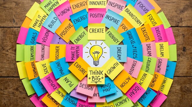 colorful circular arrangement of sticky notes with creative and motivational business ideas on wooden table