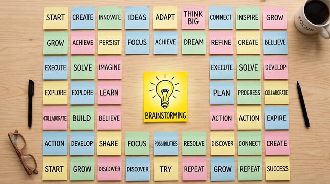 colorful sticky notes with positive words surrounding a lightbulb drawing concept of brainstorming and creativity on wooden table