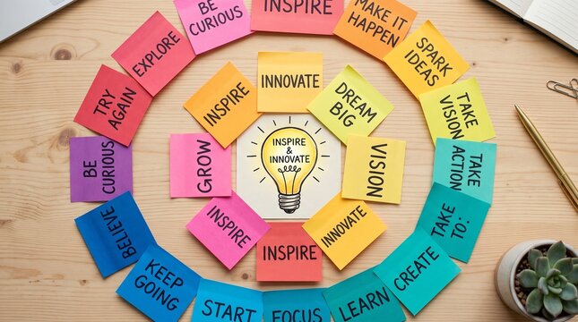 colorful sticky notes with motivational words arranged in a spiral around a light bulb drawing representing creativity and innovation concept