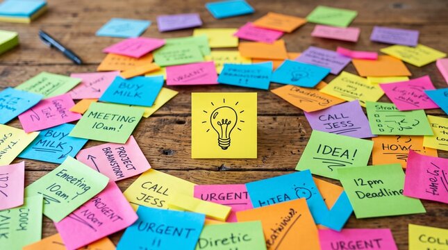 colorful sticky notes scattered on wooden table with drawn light bulb concept of brainstorming and creativity in office