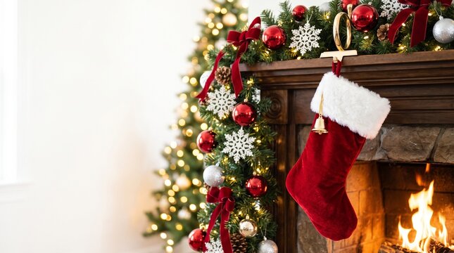 cozy christmas fireplace decorated with red and white stocking, garland, and ornaments glowing with warm lights