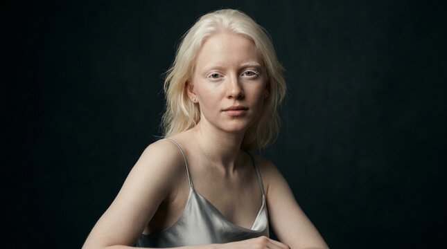 Portrait of a young woman with albinism, fair skin, blonde hair, striking eyes