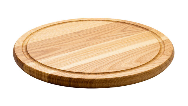 Round wooden cutting board with juice groove, isolated on transparent background